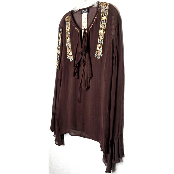 Vintage 90s Womens Top Large Brown Embroidered Sheer French Boho Flowy Blouse - Picture 2 of 13